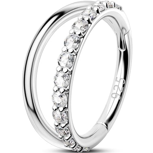 OUFER Double Hoop Nose Rings, 925 Sterling Silver Nose Rings Hoops, Hinged Segment CZ Helix Piercing Jewelry, 18G Septum Clicker Lip Rings, Cartilage