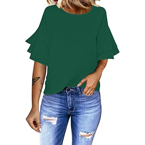 luvamia Women's Casual 3-4 Tiered Bell Sleeve Crewneck Loose Tops Blouses Shirt X-Large A1 Alpine Green