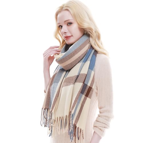 RIIQIICHY Plaid Scarf for Women Fall Winter Pashmina Scarves Wraps for Cold Weather Warm Large Light Camel-Blue-Brown