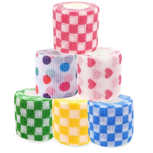 Pet Bandage 6 Rolls, Adhesive Bandage, Self Adhesive Bandage, First Aid Adhesive Gauze, for Horses, Dogs,Cats, Birds, Animals (Checkered, 2 Inch (Pack