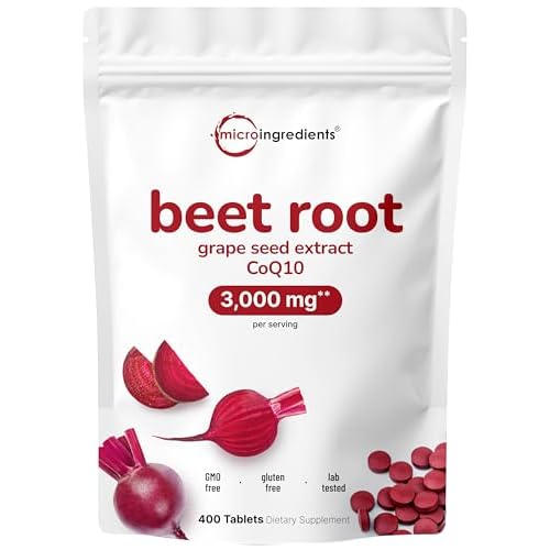 Beet Root 3,000mg with Grape Seed Extract & CoQ10, 400 Tablets | 200 Servings | Super Beets Supplements from Fresh Beetroot Extract for Nitric Oxide,