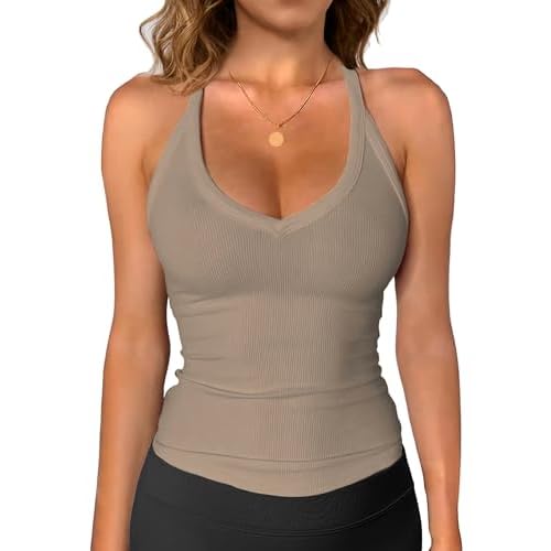 iGENJUN Workout Tops for Women Racerback Basic Tank Summer 2025 Camisole V Neck Slim Fit Ribbed Sleeveless Small Khaki