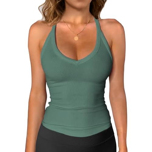iGENJUN Workout Tops for Women Racerback Basic Tank Summer 2025 Camisole V Neck Slim Fit Ribbed Sleeveless Small Forest Green