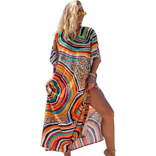 Swimsuit Cover Up Caftan Women's Vneck Flower Leopard Print Batwing Sleeve Side Split Kaftan Dresses D-print0 Multicolor