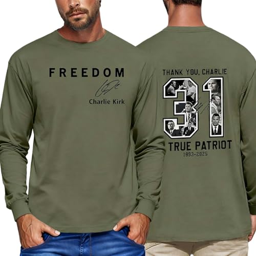 PBNBP Charlie Kirk Shirts for Men Freedom T Shirt Patriotic Commemorative Crewneck Long Sleeve Tops Letters Graphic Tees Army Green 3X-Large