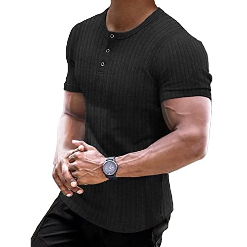 Muscle Cmdr Men's Ribbed Henley Shirt Short Sleeve Slim Fit Muscle Shirt Fitted Cotton Casual Long Sleeve Small 01black_short