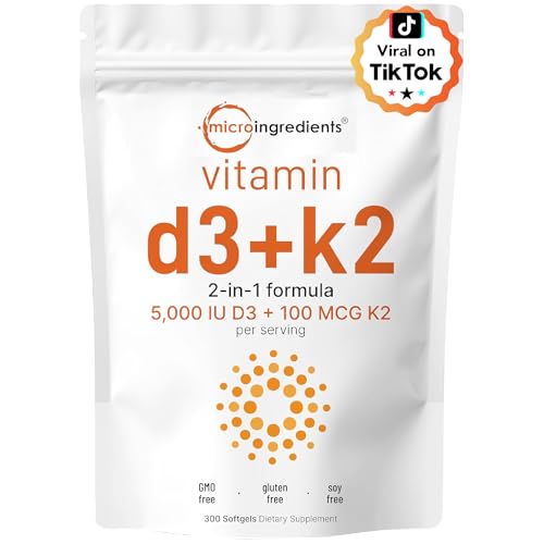 Micro Ingredients Vitamin D3 5,000 IU + K2 MK-7 100 mcg, 300 Softgels | 2-in-1 Bone, Immune & Heart Support | Easy to Swallow, Non-GMO 300 Count (Pack
