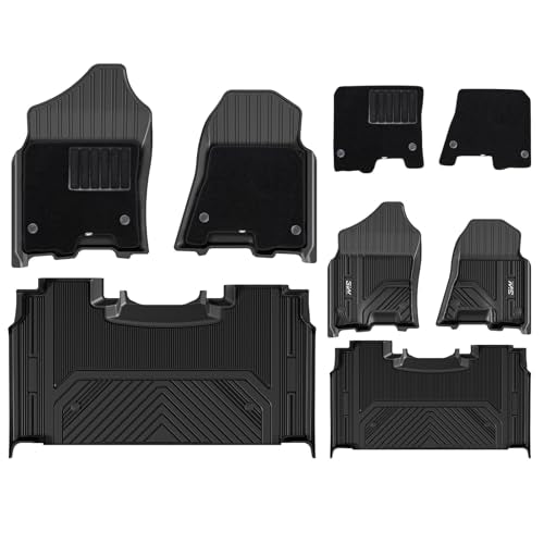 3W Floor Mats & Front Carpet Top for Dodge Ram 1500 2019-2024 (New Body Crew Cab-Without Storage) 1st & 2nd Row TPE All Weather Floor Liners, Not for