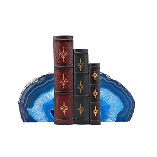 AMOYSTONE Blue Agate Stone Bookends, Heavy Sturdy Bookends for Heavy Books, Rock Crystal Book Holder, 6-8 LBS, Decorative Bookends for Home Office Des