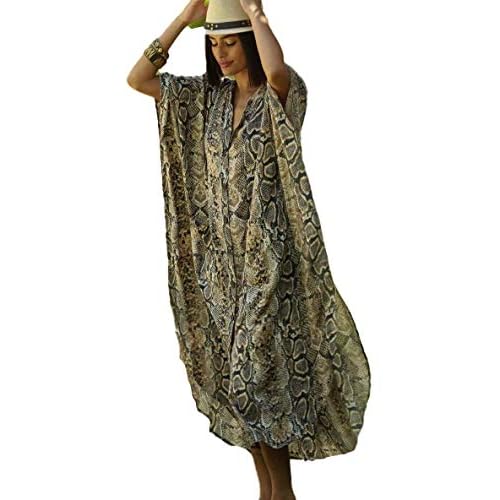 RanRui swimsuit cover up Black&White caftan caftans Women's Vneck short Sleeve kaftan dresses with pocket Caftans Snake Print
