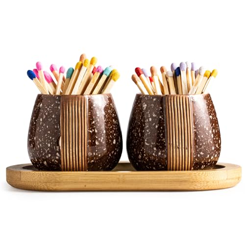 Match Holders with Striker - Set of 2 Ceramic Match Container With Wooden Tray Sleek and Decorative Home Accessories for Kitchen - Matches NOT Include