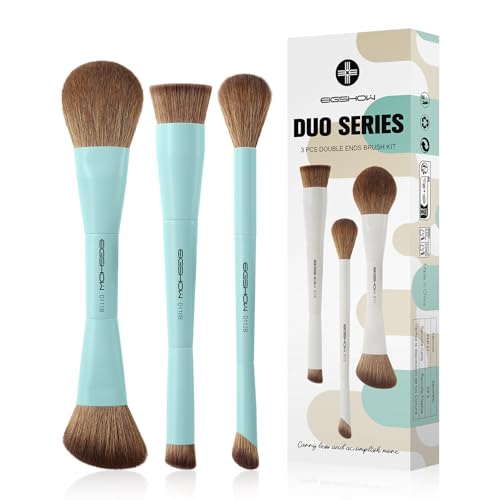 EIGSHOW Makeup Brush Set, 3Pcs Double Ended Face Makeup Brushes for Foundation Powder Contour Highlight Concealer Nose Shadow, Travel Gift Set (Cyan)