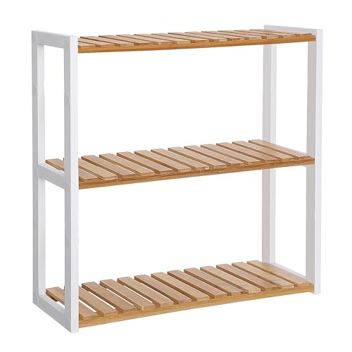 SONGMICS Bamboo Bathroom Shelf, 3-Tier Adjustable Plants Rack, Wall-Mounted or Stand, in The Living Room, Balcony, Kitchen, 5.9 x 23.6 x 21.3 Inches,