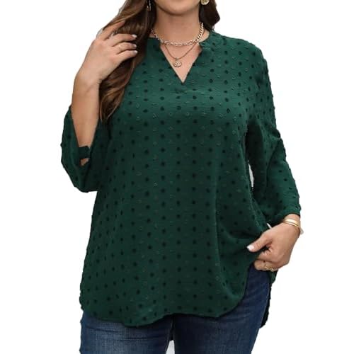 MSHING Womens Plus Size Blouses Summer Three-Quarter Sleeve V Neck Loose Casual Shirts(0X-5X) X-Large Plus Dark Green