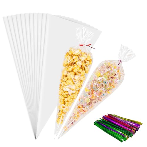 NPLUX 100 Pack Clear Cellophane Bags Cone Shaped Cellophane Treat Bags with Ties for Candy Popcorn Cookie Small Gift Wrapping(5x10 Inches) 5x10inch