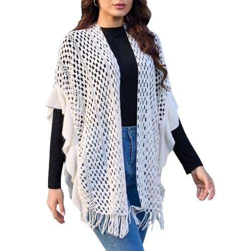 Ferand Women's Lightweight Ruffle Shawl Wraps Open Front Crochet Fringe Poncho Cardigan for Spring and Summer White