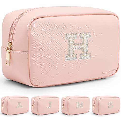 Vlando Personalized Makeup Bag for Women Small Makeup Brush Bag Birthday Gift Idea for Her Mom Toiletry Bag for Women H Pink H