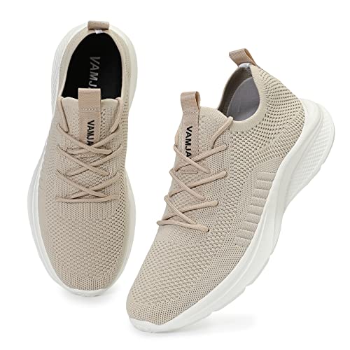 VAMJAM Men's Running Shoes Fashion Sneakers Lightweight Breathable Flying Knitting Lace Up Mesh Walking Shoes Workout Casual Sports Shoes 14 Off White