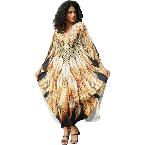 Wave Neck Swimsuit Cover Up Caftan Dress - Plus Size, Oversized, Long Beach Dress 8774-14 Golden Feather X-Large