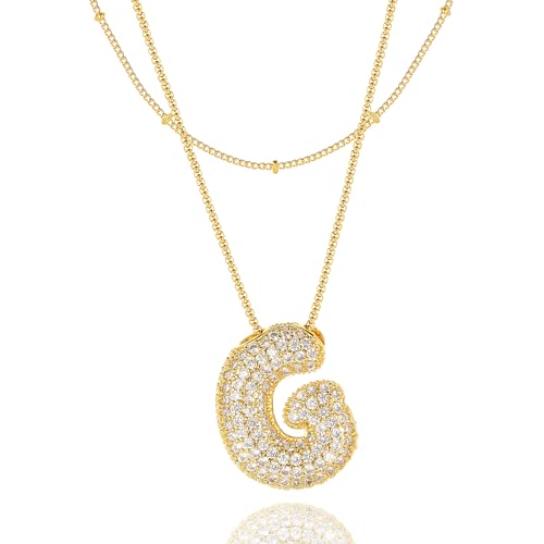 Bubble Letter Necklace Gold for Women，Layered Plated Initial Pendant Puffy Zircon Name Personalized Necklaces Fashion Jewelry for Gifts Letter G