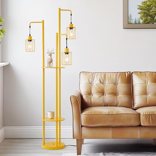 Dimmable Floor lamp with Tray，Industrial Farmhouse Floor Lamp Adjustable Angle，3 Light Rustic Standing Tall Lamp for Living Room, Bedroom and Offi