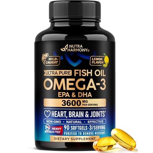 Omega 3 Fish Oil 3600 mg - Omega 3 Supplement | EPA & DHA - Heavy Metals Free - Heart, Brain & Joint Support - Purified Fish Oil for Men & Women - Lem