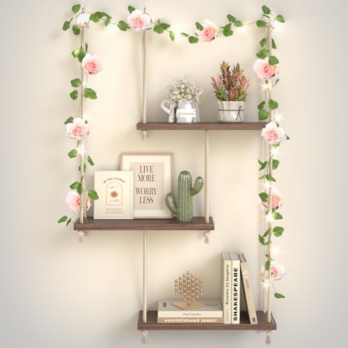 Hanging Shelves for Wall with Vine Lights, 3 Tier Rope Wall Hanging Plant Shelf, Boho Wall Decor Aesthetic for Succulents, Bedroom, Living Room, Bathr