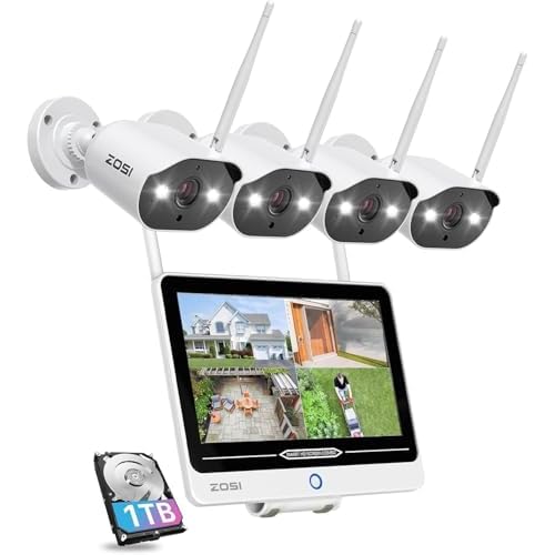 ZOSI 8CH 2K Wi-Fi 6 Security Camera System with 12'' LCD Monitor,4pcs 3MP Plug-in WiFi Cameras Indoor Outdoor,AI Person Detection,Color Night Vision,2