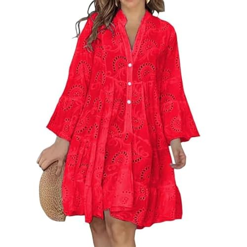Women Summer Eyelet Lace Midi Dress V Neck Bell Sleeve Flowy Babydoll Casual Beach Dress Red Small