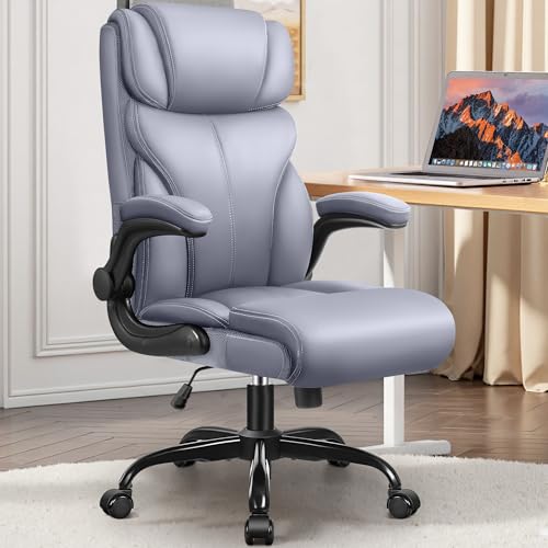 Office Chair, Leather Chair with Adjustable High Back Flip-up Armrests，Ergonomic Desk Chairs Big and Tall, Lumbar Support Swivel Computer Chair with