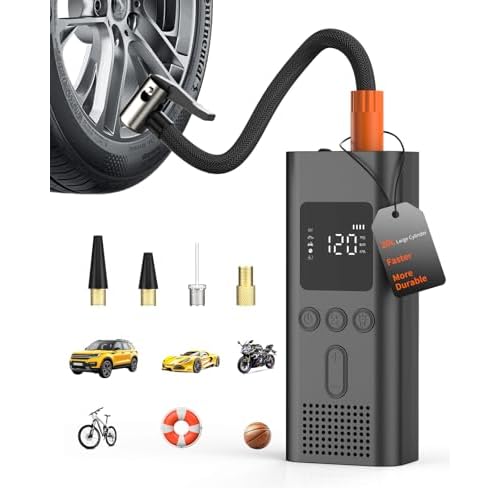 Tire Inflator Portable Air Compressor, Cordless Metal-Cylinder Mini Air Pump for Car Tires with Pressure Gauge, Rechargeable, With LED Light, Portable