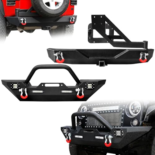 LEDKINGDOMUS Front& Rear Bumper with Tire Carrier Compatible with 07-18 Wrangler JK & Unlimited Rock Crawler Front Bumper with 4X LED Lights w-Winch P