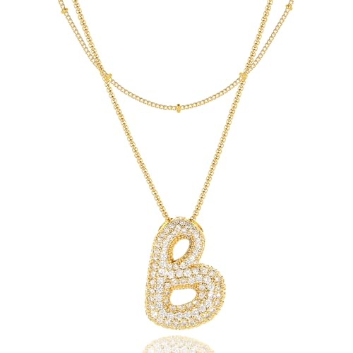 Bubble Letter Necklace Gold for Women，Layered Plated Initial Pendant Puffy Zircon Name Personalized Necklaces Fashion Jewelry for Gifts Letter B