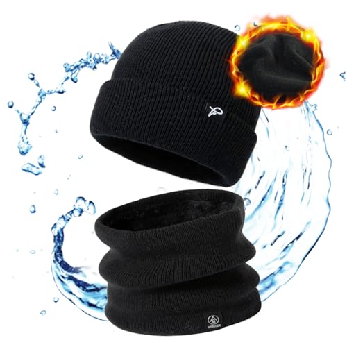 TOP-EX Dryknit™ Waterproof Oversized XL XXL Fleece Lined Winter Warm Beanies Hat for Men XX-Large Black Set (Waterproof)