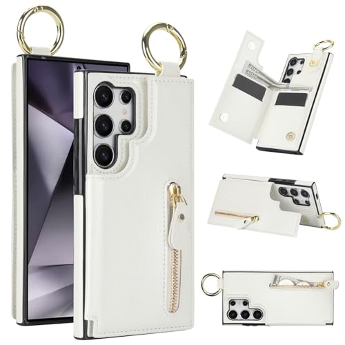 for Samsung Galaxy S25 Ultra Wallet Case with Zipper and Credit Card Holder, Cash Slot, PU Leather Magnetic Clasp Kickstand Heavy Duty Ring Protective