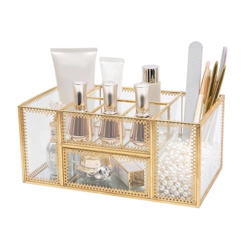 FSyueyun Vanity Clear Glass Makeup Organizer, Gold Makeup Brush Holder Cosmetic Storage Display Case for Skincare Perfume Dresser Countertop