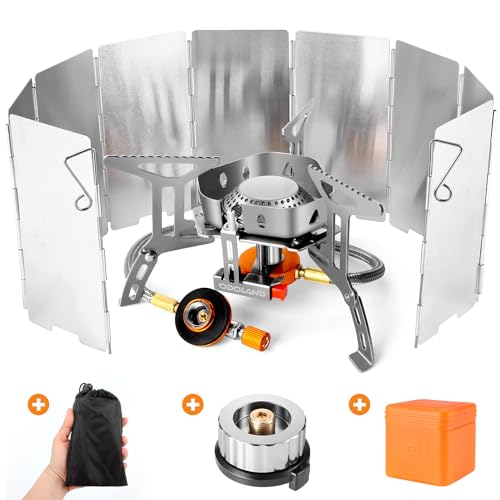 Odoland 3500W Windproof Camping Stove with Folding Windscreen and Fuel Canister Adapter, Portable Collapsible Camp Gas Stove Burner Outdoor Backpackin