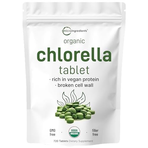 Organic Chlorella Tablets, 500mg Per Tablet, 720 Tabs (360 Grams), 4 Months Supply, Broken Cell Wall, Rich in Vegan Protein & Vitamins, No Filler, No