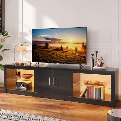 Bestier LED TV Stand for 75 Inch TV Large Entertainment Center Gaming with Storage Glass Shelves Two Cabinets Modern TV Console for Living Room 70 Inc