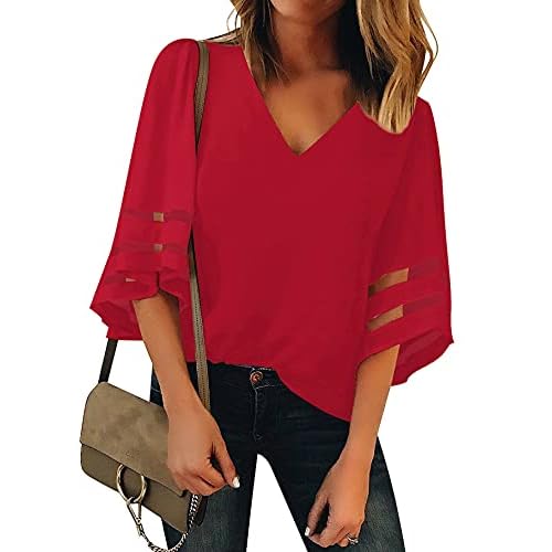 luvamia Women's Casual V Neck Blouse 3-4 Bell Sleeve Mesh Panel Shirts Loose Top Large A True Red