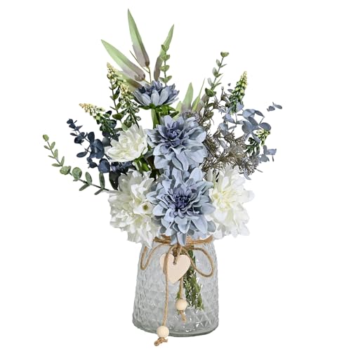 Artificial Flowers with Vase, Faux Dahlia Flower Arrangement in Glass Vase, Blue and White Silk Flowers with Eucalyptus for Home Office Kitchen Dining