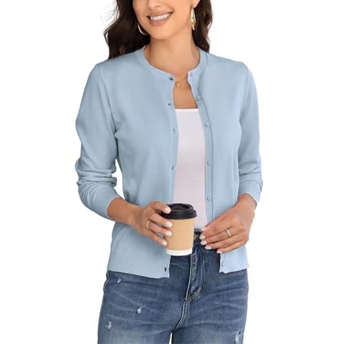 Women's Crew Neck Button Down Long Sleeve Cardigan for Women Classic Soft Knit Ladies Cardigan Sweater Coat Small Light Blue