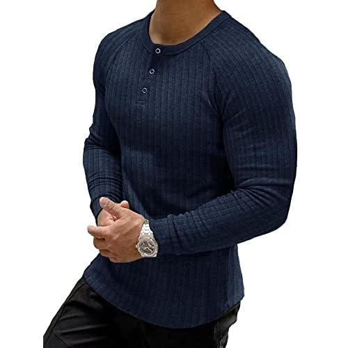 Muscle Cmdr Men's Ribbed Henley Shirt Short Sleeve Slim Fit Muscle Shirt Fitted Cotton Casual Long Sleeve Small Navy Blue-long
