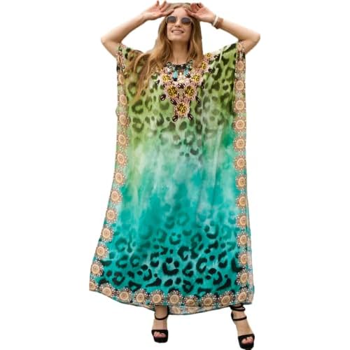 Swimsuit Cover Up Caftan Women's Vneck Flower Leopard Print Batwing Sleeve Side Split Kaftan Dresses A-print4