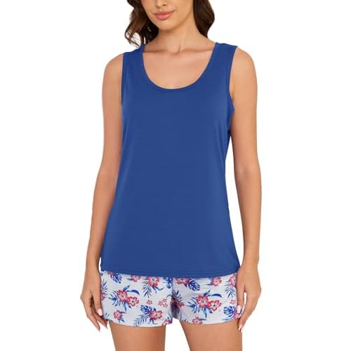 VENTELAN Women Pajamas Cute Tank and Shorts Set Soft PJS Sleepwear Loungewear Small Pure Blue