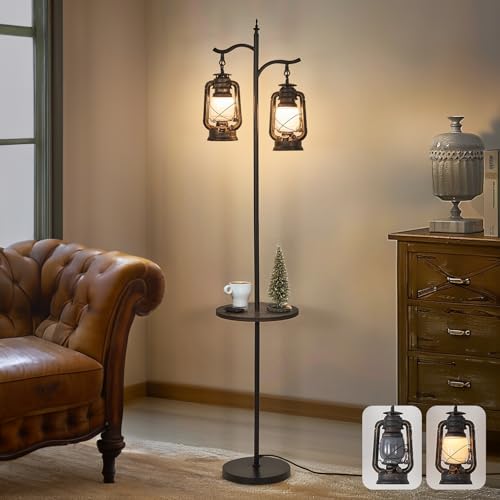 Farmhouse Floor lamp with Table, Double Head Vintage Floor Lantern, Standing lamp for Living Room，Bedroom, Rustic Floor Lamp with Black Brown Finish