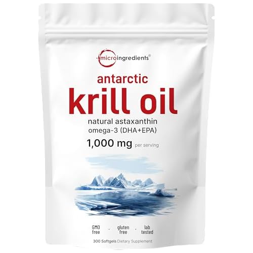 Micro Ingredients Antarctic Krill Oil Supplement with Natural Astaxanthin, 1000mg Per Serving, 300 Soft-Gels, Rich in Omega-3s EPA & DHA, Supports Imm