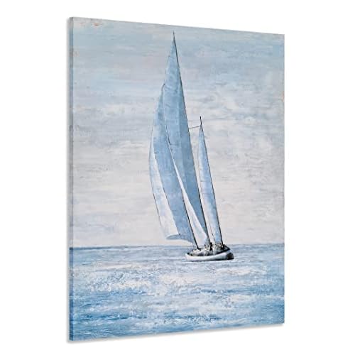 Yihui Arts Coastal Sailing Boat Canvas Wall Art - Blue and White Nautical Picture for Living Room, Bedroom, or Bathroom Decor with Vertical Seaside Ar