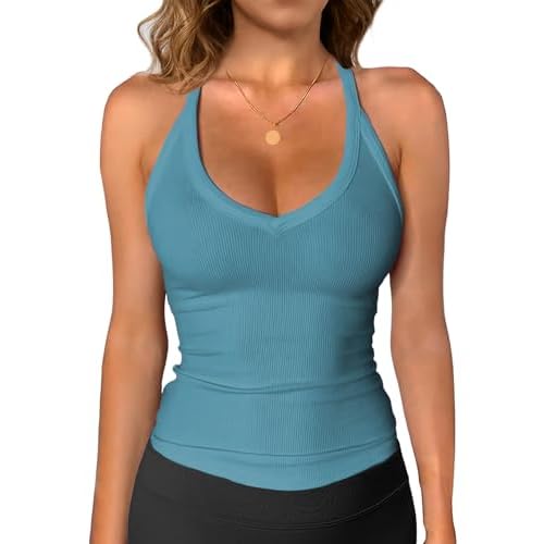 iGENJUN Workout Tops for Women Racerback Basic Tank Summer 2025 Camisole V Neck Slim Fit Ribbed Sleeveless