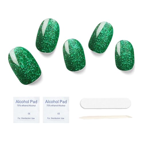 Semi Cured Gel Nail Strips, 20 pcs Gel Nail Stikers, Gel Nail Wraps Semi Cured, Salon-Quality, 2 Weeks Long Lasting, Jade Jewel
